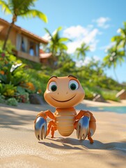 Naklejka premium Cartoon crab on tropical beach, smiling, near a villa