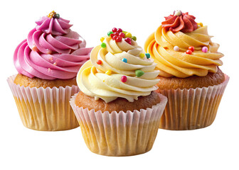 Delicious assortment of cupcakes with colorful frosting and candy sprinkles display