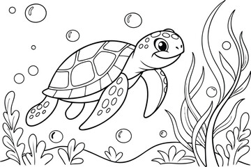 Smiling cartoon turtle swims among water bubbles and plants black outline design