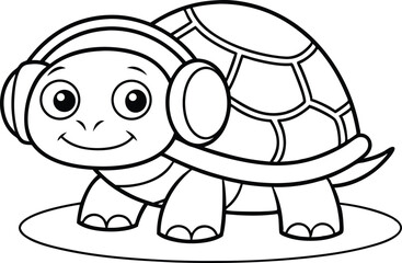 Cartoon Turtle with Headphones on White Background, Coloring Book Style