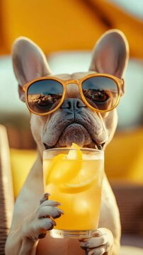 Happy French bulldog holding a pink cocktail with cherry in a bar setting, humorous anthropomorphic concept of dog enjoying a drink, festive nightlife atmosphere with bokeh lights.