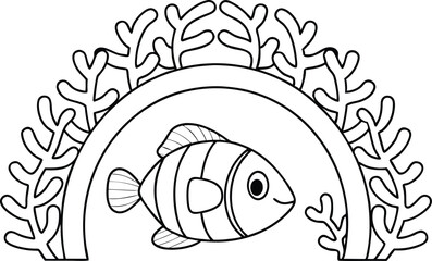 Clownfish with Striped Body and Coral Frame, Marine Life on Transparent Background