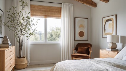 a modern, minimalist bedroom with a neutral color palette. The room features a large window with white curtains and a woven bamboo blind, allowing natural light to fill the space.