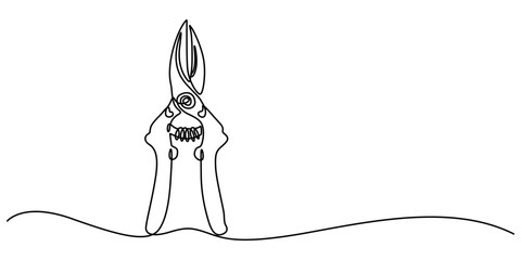 Continuous one line drawing of secateurs plant equipment. Plant scissors  in single line draw illustration. Editable stroke, Gardening scissors vector hand drawn silhouette clipart. Sketch isolated on
