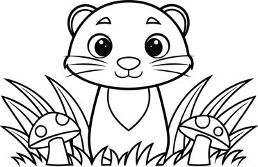 Black Outline Cartoon Otter Surrounded By Grass and Mushrooms on White Background