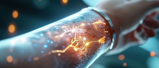 A futuristic image depicting a human forearm with an advanced, AI-powered smart skin that is illuminated, showcasing the potential of innovative human-technology