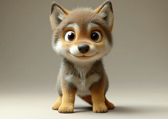 Obraz premium Cute cartoon wolf pup, studio shot, light background, possible use for children's book illustration