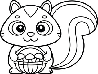 Cute Squirrel Holding Mushroom Basket Line Art on Transparent Background
