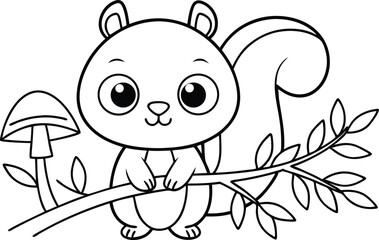 Outline Squirrel Sitting on Branch, Mushroom, Woodland Animal on Transparent Background