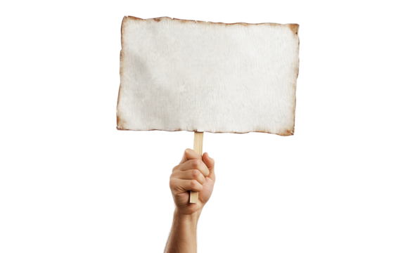 Close up of a protestor holding a hand-painted Labor Day sign during a passionate demonstration isolated on white background PNG