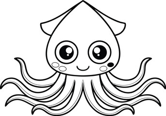 Cartoon Smiling Squid with Tentacles Outlines on Transparent Background, Kids