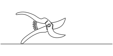 Continuous one line drawing of secateurs plant equipment. Plant scissors  in single line draw illustration. Editable stroke, Gardening scissors vector hand drawn silhouette clipart. Sketch isolated on