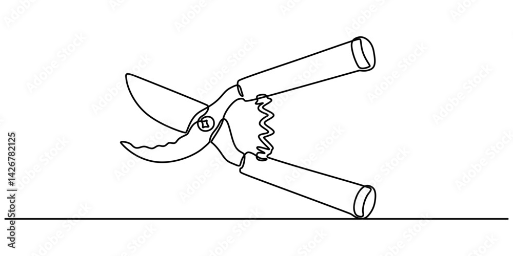 Poster continuous one line drawing of secateurs plant equipment. plant scissors in single line draw illustr