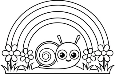 Snail with Big Eyes Under Rainbow and Flowers, Black and White Outline,