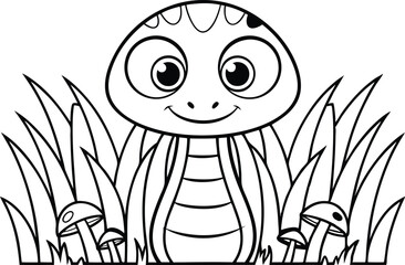 Cartoon turtle stands smiling behind grass and mushrooms black and white line art