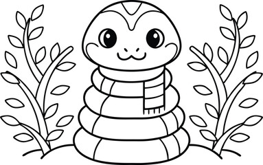 Line art cartoon snake with scarf and plants on white background