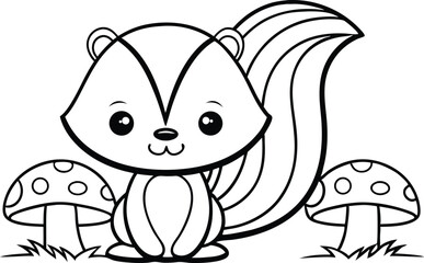 Cartoon Squirrel Standing Near Mushrooms with Transparent Background Outline Art