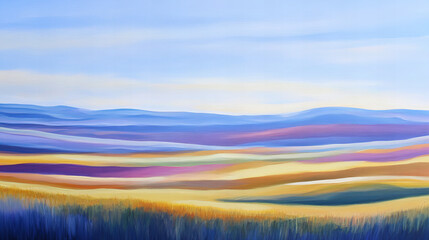 Obraz premium Abstract Landscape Depicting Rolling Fields and Mountains in a Palette of Blues Yellows and Purples Under a Soft Blue Sky