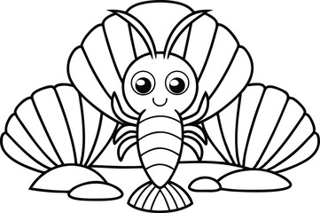 Adorable outline shrimp with big eyes sitting behind seashell transparent background