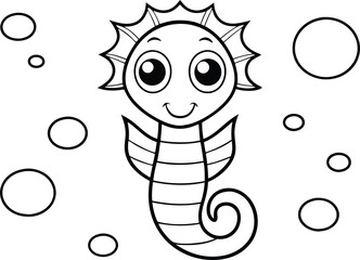 Cheerful Cartoon Seahorse Outline with Bubbles in Black and White Line Art