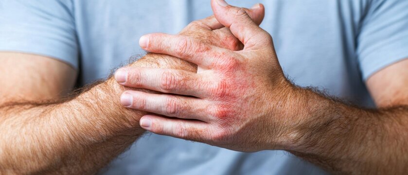 A close-up view of a lupus skin rash with visible inflammation and irritation on the arms and hands of a patient.