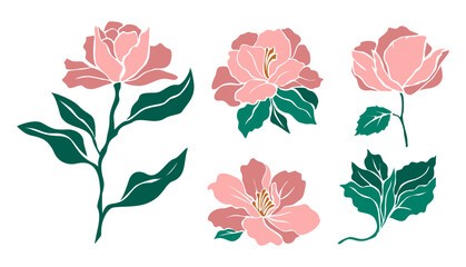 Set of decorative fresh blossoming peony flowers with steam and leaves. Hand drawn colorful flower icon. Vector cut out illustration clipart isolated on transparent background.	