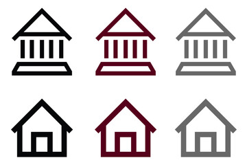 Stylized Bank and House Icons in Three Color Variants
