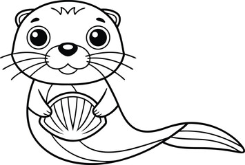 Cartoon Otter Holding Scallop Shell, Outline on Transparent Background