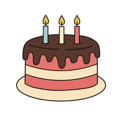 A vector illustration of flat-style birthday cake with chocolate frosting and candles. Suitable for design projects related to celebrations, birthdays, and desserts.