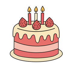 Flat-style vector of birthday cake decorated with frosting, candles, and strawberries. A perfect match for birthday templates, bakery branding, or dessert-themed content.