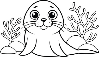 Cute Outline Seal Cartoon with Coral on White Background Animal Coloring Page