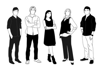 Young business team members, men and women standing in smart casual office outfits. Outline sketch style drawing isolated on transparent background.