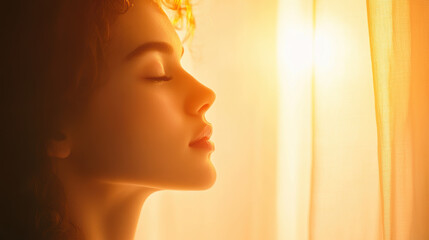 Peaceful woman in gentle sunrise light with closed eyes embracing warmth and serenity