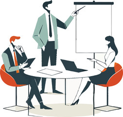 A business strategy meeting three professionals collaborate at a table with a laptop and charts one person gestures 