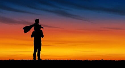 Father and Daughter Silhouette at Sunset, Enjoying Superhero Play, Outdoors Together - Family Bonding, Adventure, Affection, Peaceful Evening, Childhood Memories, Sky Beauty
