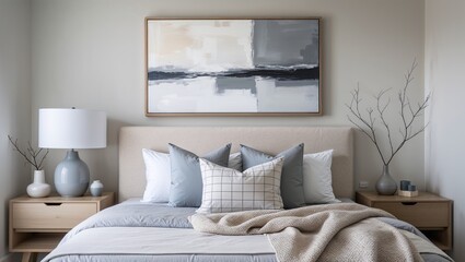 Serene Bedroom Interior: A calming and sophisticated bedroom interior design, featuring a neutral color palette, plush bedding, and tasteful decor. The mood is peaceful and inviting.