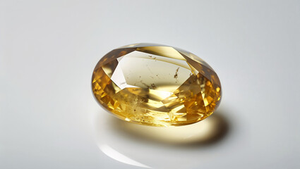 Faceted yellow citrine gemstone close up studio shot on white background