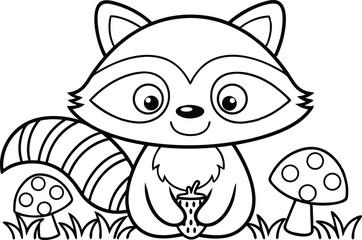 Cartoon raccoon outline holding berry with mushrooms in simple design