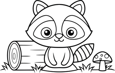 Outlined Raccoon with Log, Mushroom and Grass in Coloring Book Style Image
