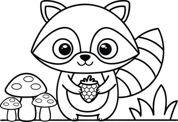 Outline Raccoon Holding Fruit with Mushrooms and Grass Isolated on White Background