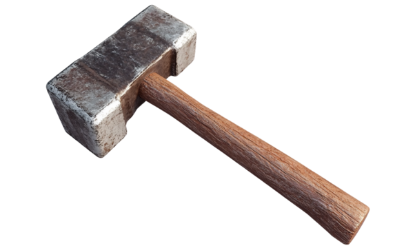 Detailed image of a construction hammer featuring a sturdy wooden handle and strong steel head designed for heavy tasks isolated on white background PNG