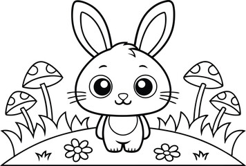 Outline Bunny with Big Eyes Wearing Overalls near Grass & Mushrooms
