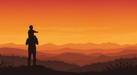 Father and Child Silhouette Watching Sunset: Dad Carries Son on Shoulders, Pointing at Horizon, Generational Bonding over Panoramic Mountain Vista, Fiery Orange Sky, Serene Evening