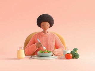 3D illustration of a person eating salad, healthy lifestyle concept. Perfect for wellness blogs, nutrition guides, and food apps.