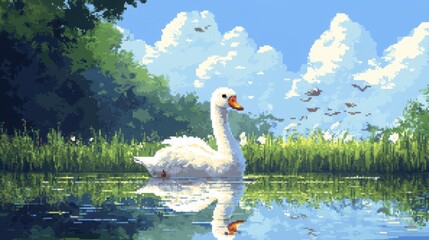 Retro-style baby swan game scene, front view sprite on pond, with soft pixel skies and water birds in background