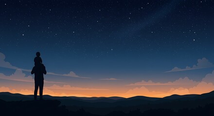 Fototapeta premium Father & Child Silhouetted Against Starry Night Sky, Sharing a Moment of Connection During Twilight, Standing on Hilltop, Vector Illustration, Serene Moment, Generational Bond
