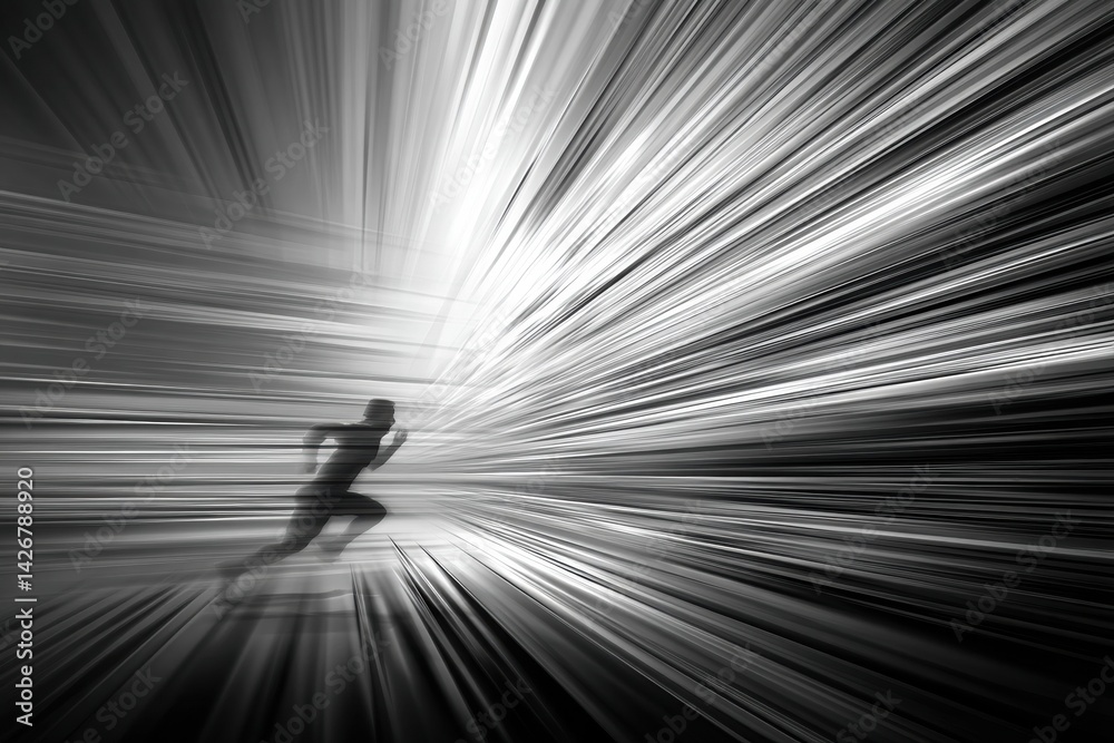 Poster captivating monochrome motion blur displays the dynamic energy of a fast runner in action during an 