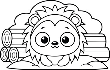 Cartoon Hedgehog near Wood Pile, Outline Drawing, Forest Animal, Line Art, Mammal