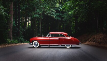Fototapeta premium red sports car in lush green forest