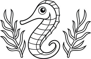 Outline seahorse surrounded by seaweed, black and white coloring page for kids